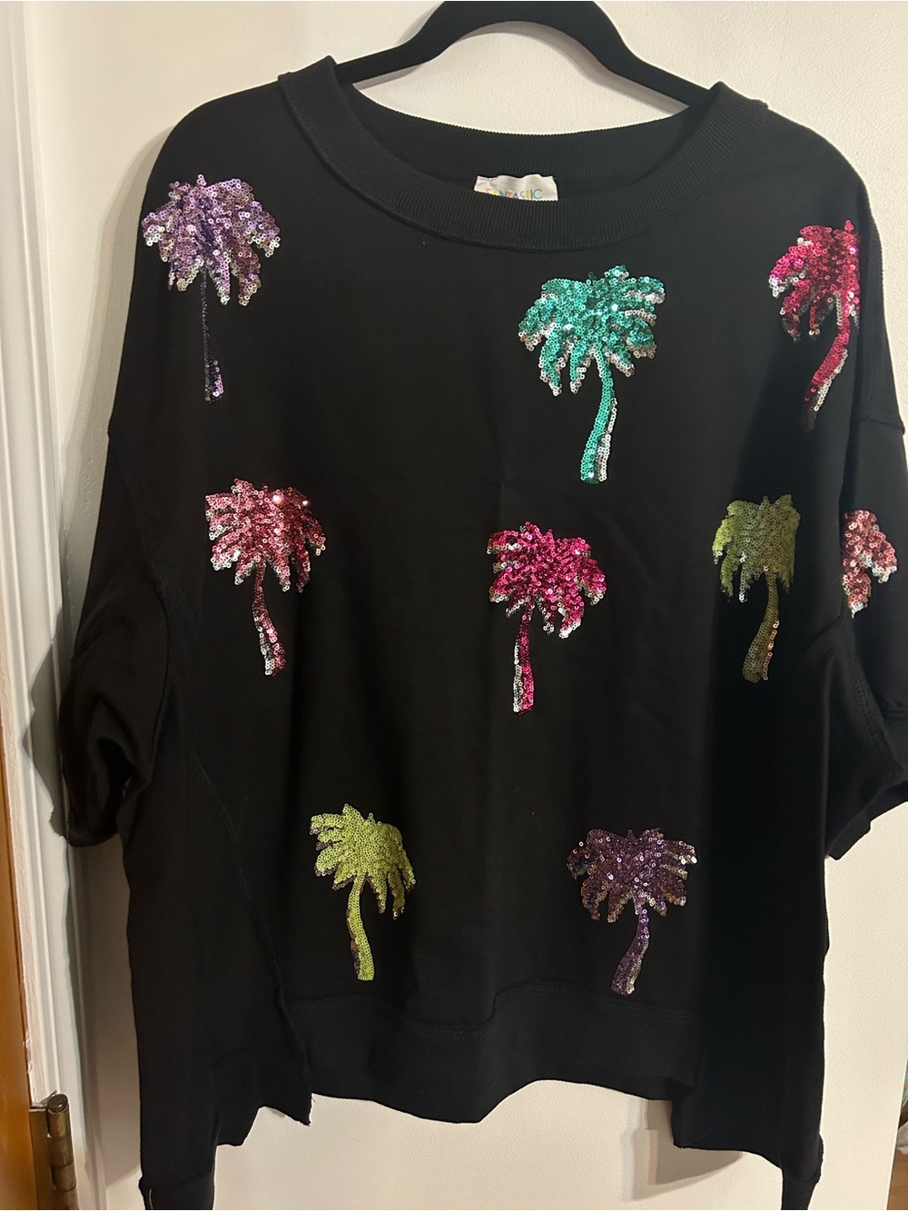 Fantastic Fawn Black Sweatshirt with Multicolor Sequin Palms